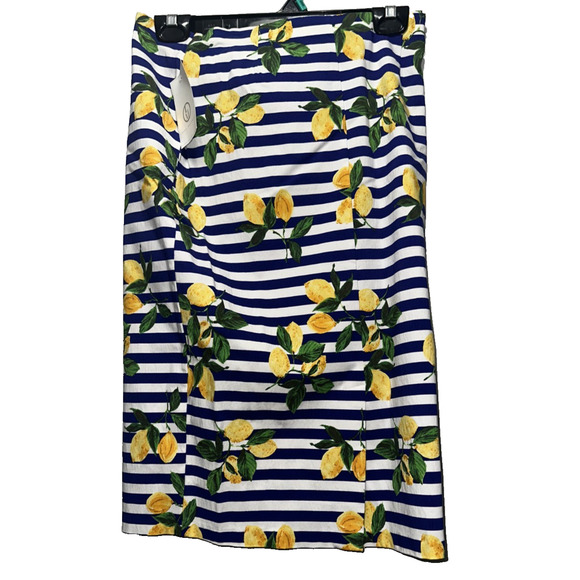Linda Matthews Lemon Print Striped Skirt Women’s Small Blue White Fruit A-Line - Picture 2 of 7